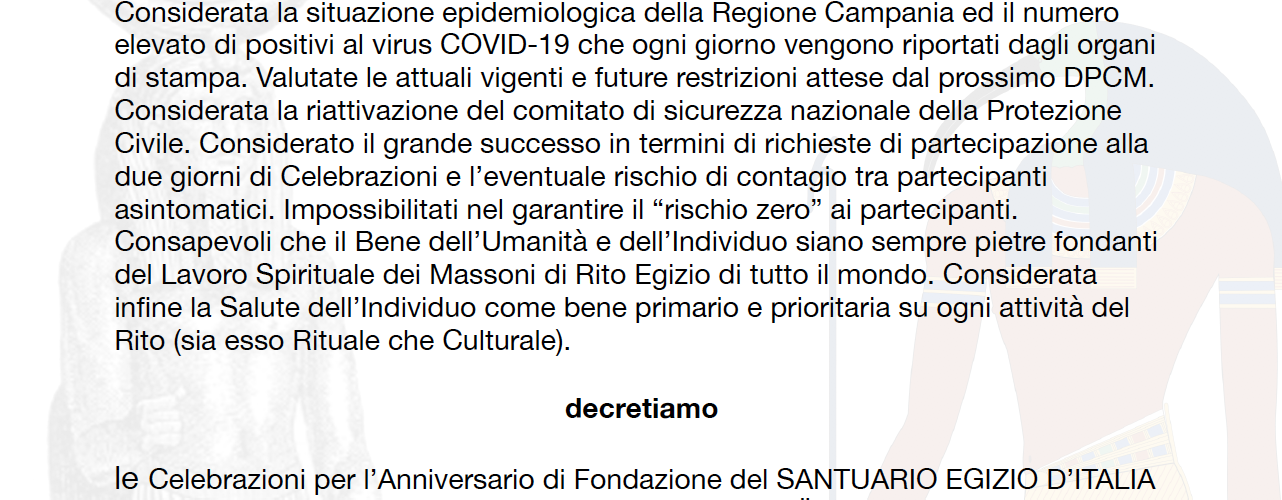 Annullate le Celebrazioni per l'Anniversario di Fondazione del Santuario Egizio d'Italia 1 Annullate le Celebrazioni per l'Anniversario di Fondazione del Santuario Egizio d'Italia
